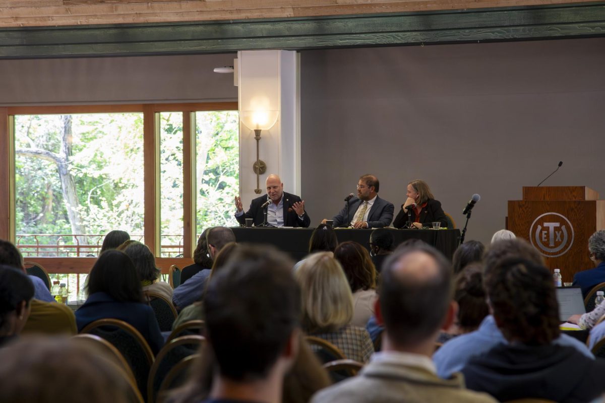 From left to right University of Austin President Pano Kanelos, moderator Jeremi Suri and Ann Huff Stevens, dean of UT's College of Liberal Arts speak at a Civil Discord Symposium event on the state of the "traditional university" on March 22, 2024.